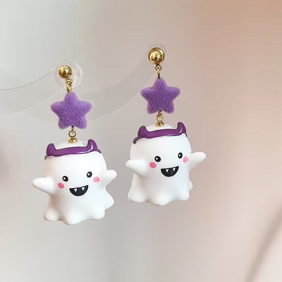 Cute Kawaii Halloween Spooky Purple Star Devil Ghost Drop Earrings - Picture 1 of 2